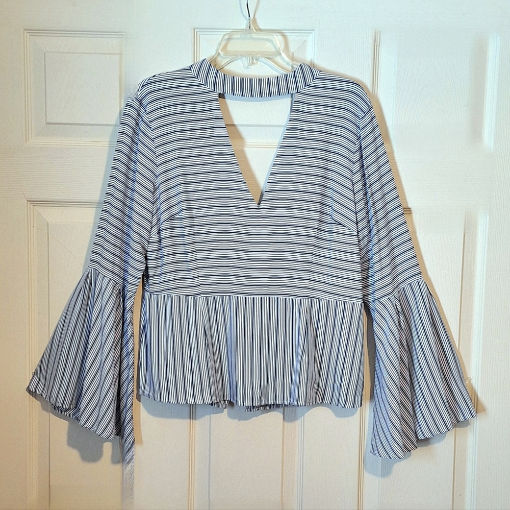 'Venus' bell sleeves & ruffle bottom shirt with blue & white stripes, Sz. 16/XL